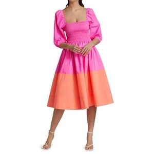 Tanya Taylor Karena Colorblock Pink and Orange Fit And Flare Puff Sleeve Dress